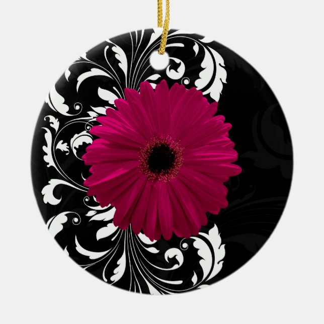 Fuchsia Scroll Gerbera Daisy w/Black and White Ceramic Ornament (Front)