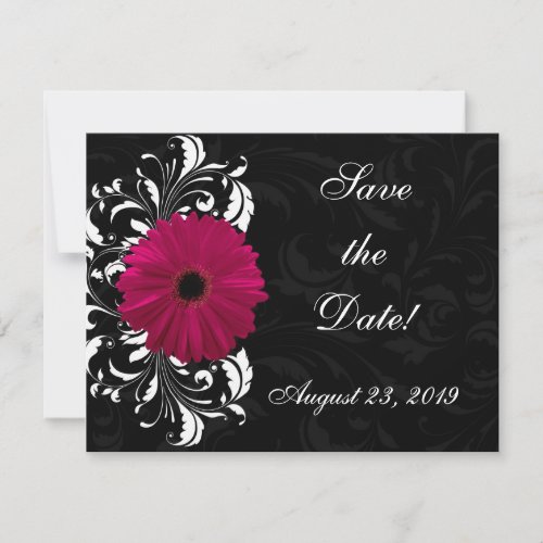 Fuchsia Scroll Gerbera Daisy wBlack and White Invitation