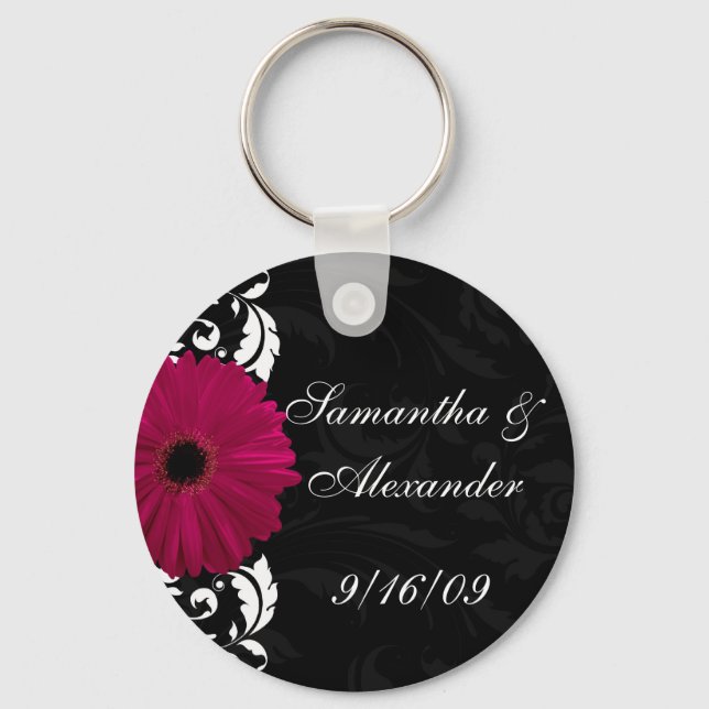 Fuchsia Scroll Gerbera Daisy w/Black and White Keychain (Front)