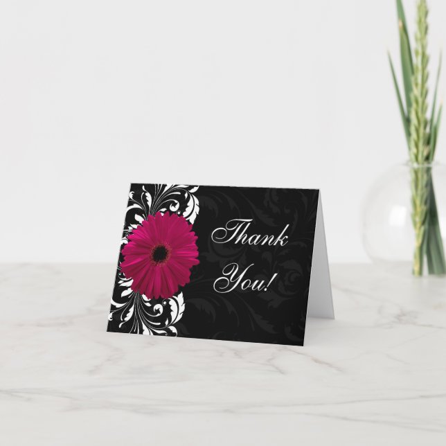 Fuchsia Scroll Gerbera Daisy w/Black and White Thank You Card (Front)