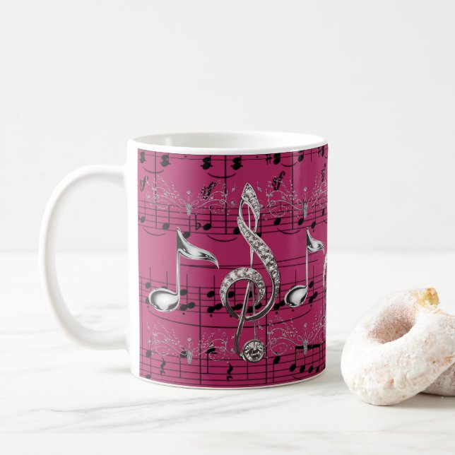 Fuchsia Sheet Music Silver Music Notes Coffee Mug (With Donut)