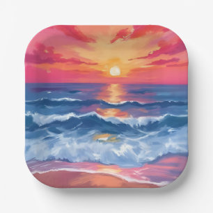 Fuchsia Shore Sunset   Ocean Waves Watercolor Paper Plates