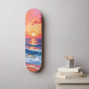 Fuchsia Shore Sunset Ocean Waves Watercolor Skateboard