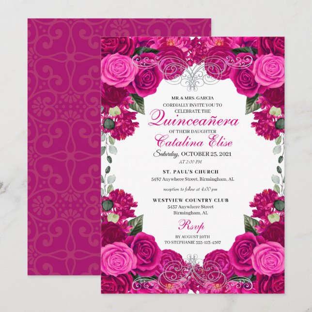 Fuchsia & Silver Floral Quinceanera Birthday Invitation (Front/Back)
