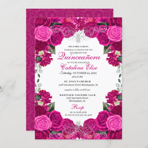 Fuchsia  Silver Floral Quinceanera Birthday Invitation