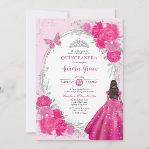 Fuchsia Silver Quincea&#241;era Flower 15th Birthday Invitation