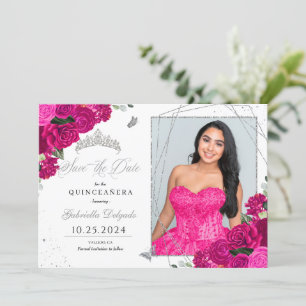 Fuchsia & Silver Quinceañera Save The Date Photo Invitation