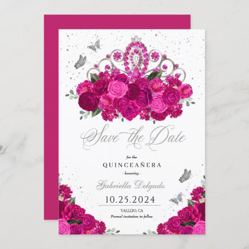 Fuchsia  Silver Tiara Save The Date Quinceaera Invitation