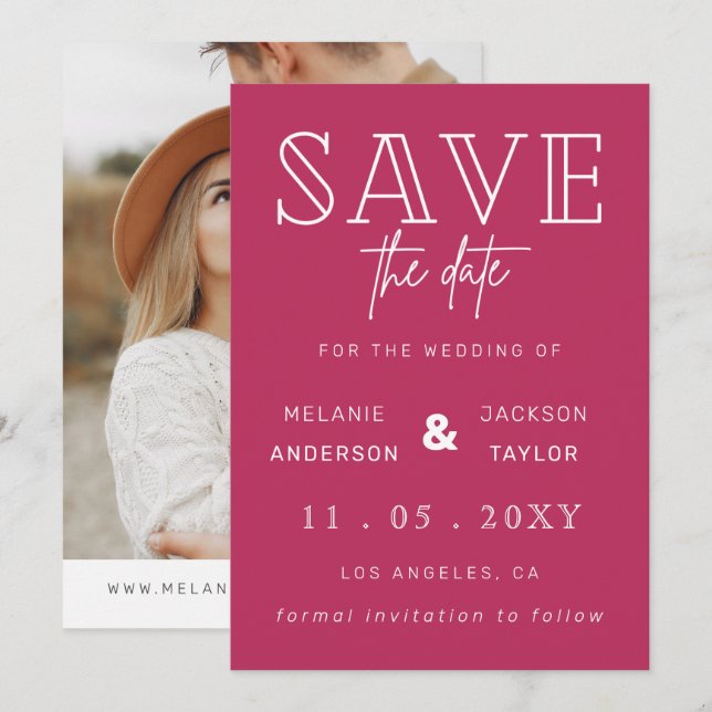 Fuchsia Simple Calligraphy Photo Save The Date (Front/Back)