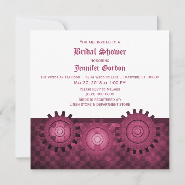 Fuchsia Steampunk Gears Bridal Shower Invite (Front)