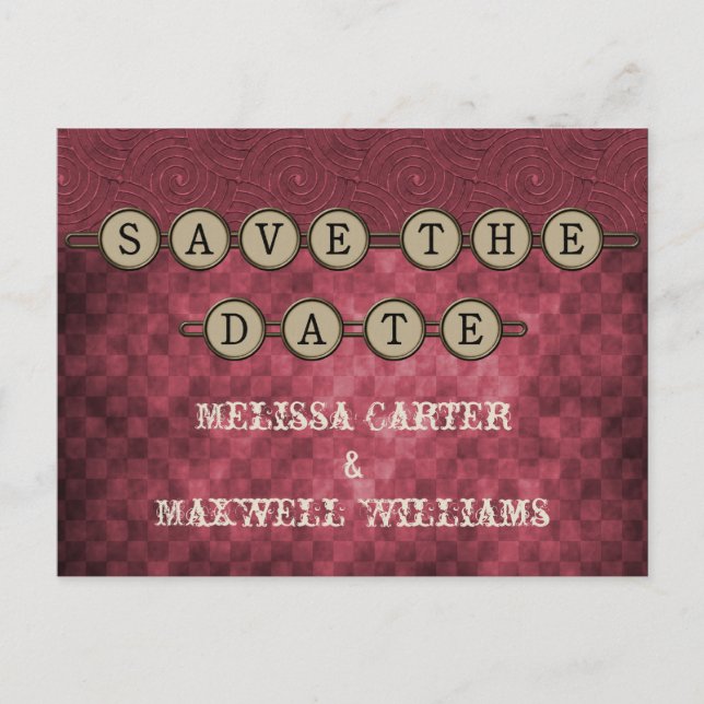 Fuchsia Steampunk Keys Save the Date Postcard (Front)