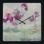 Fuchsia Treeline Square Wall Clock<br><div class="desc">Fuchsia Treeline I by Jennifer Goldberger. Abstract depiction of fuschia tree-like shapes against a muted background,  done in a paintstroke-like style.</div>