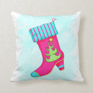 Fuchsia Turquoise Christmas Stocking Decorative Throw Pillow