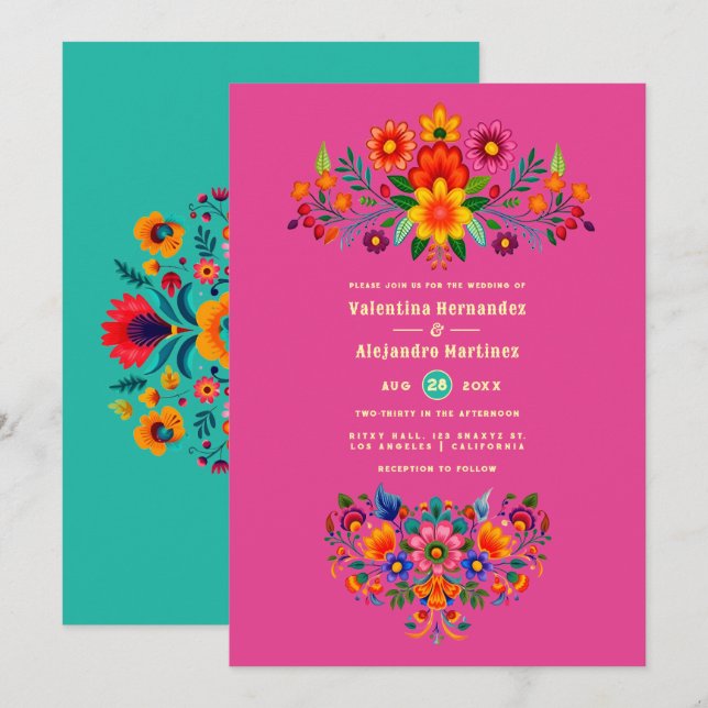 Fuchsia & Turquoise Folk Art Fiesta Wedding Invitation (Front/Back)