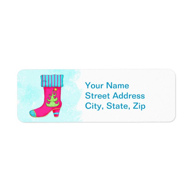 Fuchsia Turquoise Merry Christmas Boot Stocking Label (Front)