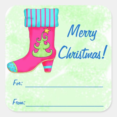 Fuchsia Turquoise Merry Christmas Boot Stocking Square Sticker