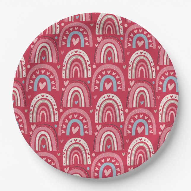 Fuchsia Valentines Day Rainbows Round     Paper Plates (Front)