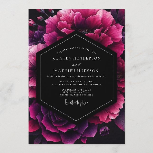 Fuchsia Velvet Bloom Wedding Invitation (Front)