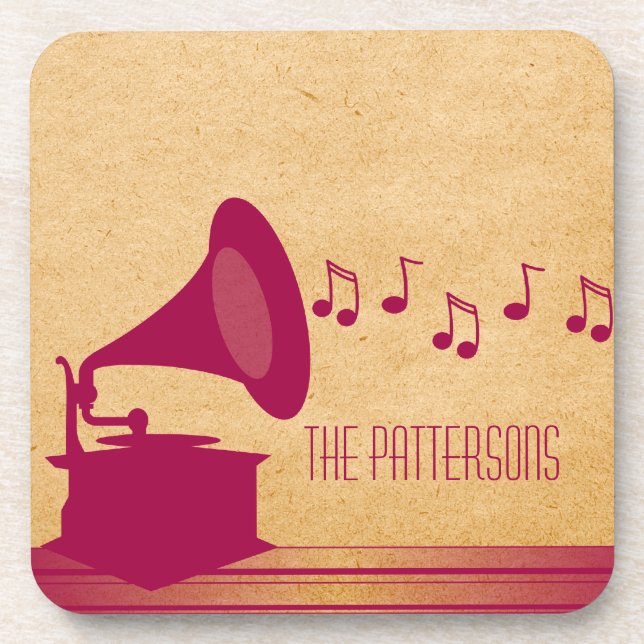Fuchsia Vintage Gramophone Coaster Set (Front)