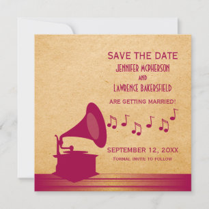 Fuchsia Vintage Gramophone Save the Date Invite