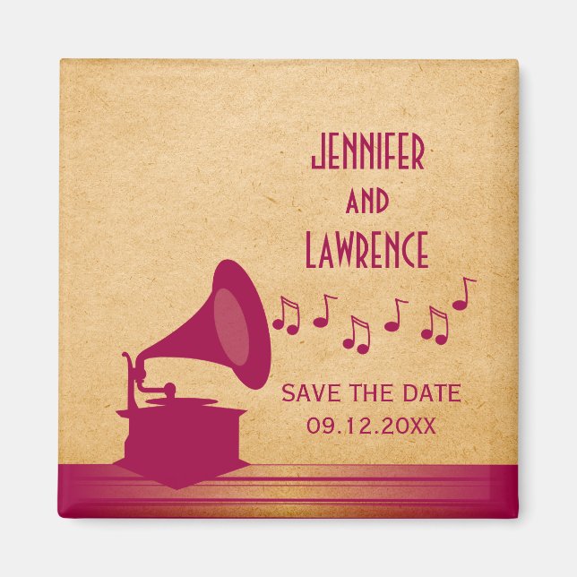 Fuchsia Vintage Gramophone Save the Date Magnet (Front)