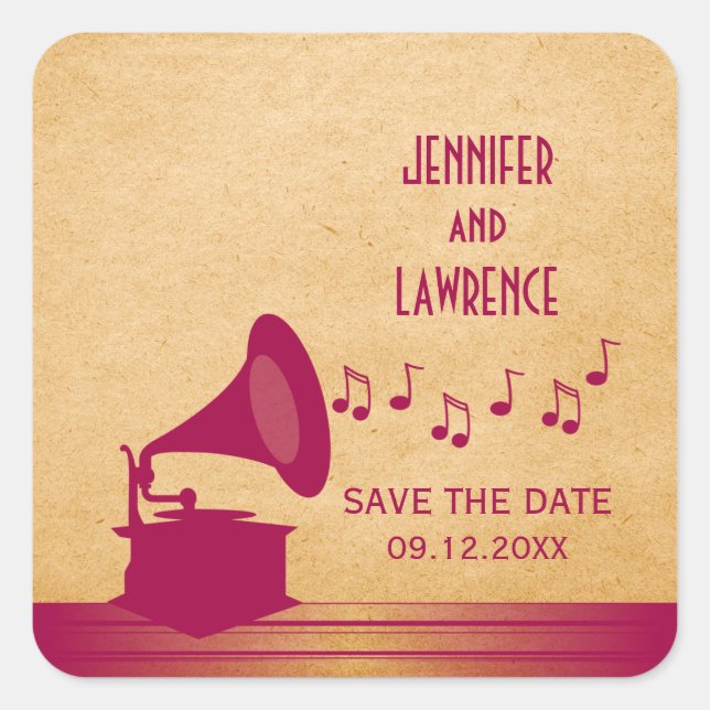 Fuchsia Vintage Gramophone Save the Date Stickers (Front)