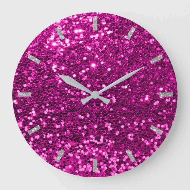 Fuchsia Vivid Bright Pink Rose Glitter Silver Gray Large Clock (Front)