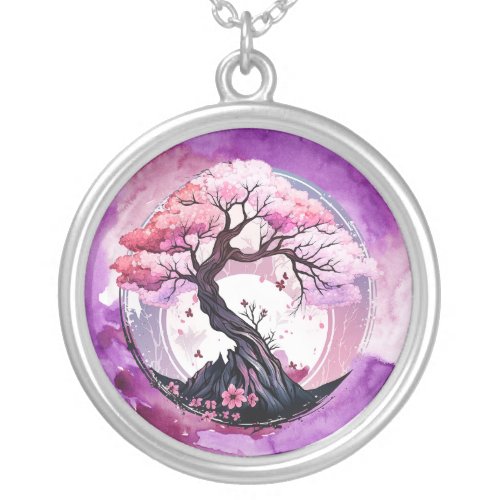 Fuchsia Watercolor Circle Cherry Blossom Tree Silver Plated Necklace