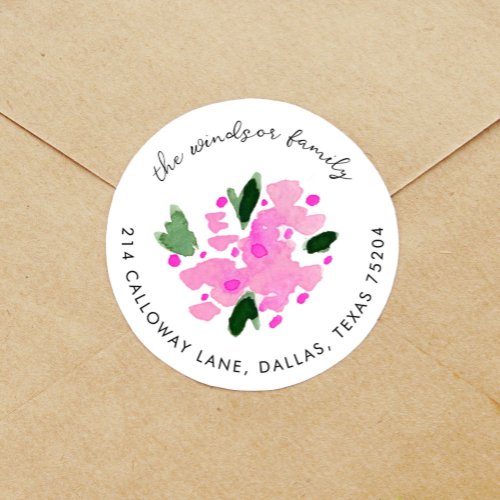 Fuchsia Watercolor Floral Bouquet Return Address Classic Round Sticker