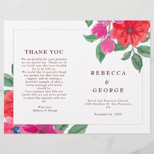 Fuchsia Watercolor Floral Folded Wedding Program