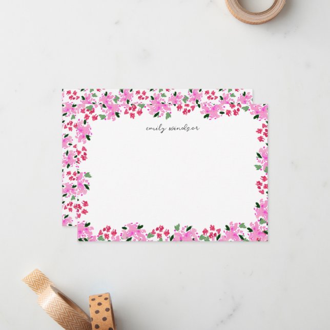 Fuchsia Watercolor Floral Garden Personalized Note Card (Front/Back In Situ)