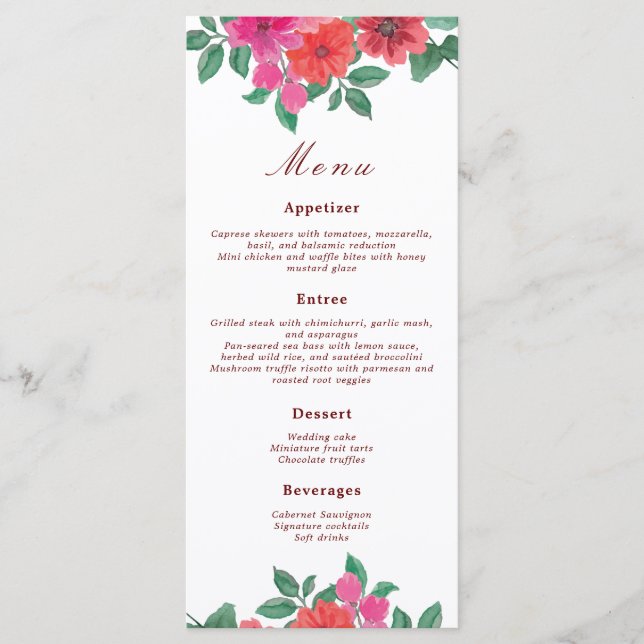 Fuchsia Watercolor Floral Wedding Menus (Front)