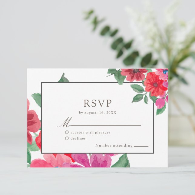 Fuchsia Watercolor Floral Wedding RSVP Card (Standing Front)
