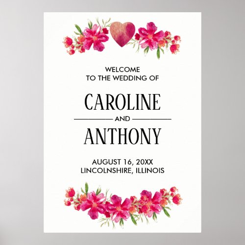 Fuchsia Watercolor Floral  Wedding Welcome Sign