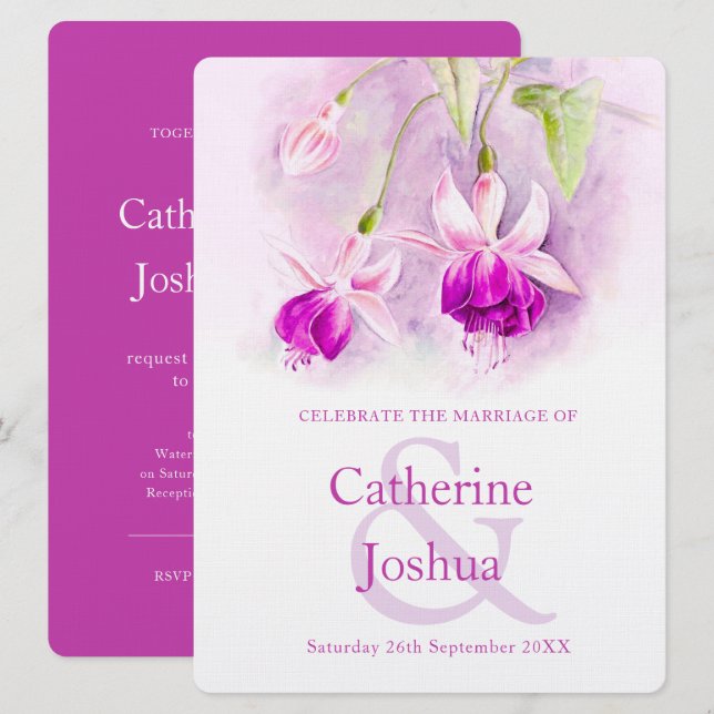 Fuchsia watercolor purple pink art wedding invitation (Front/Back)