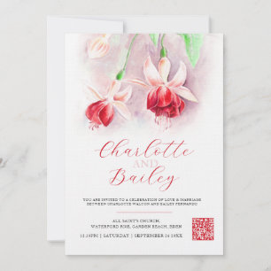 Fuchsia watercolor red pink art wedding photo invitation