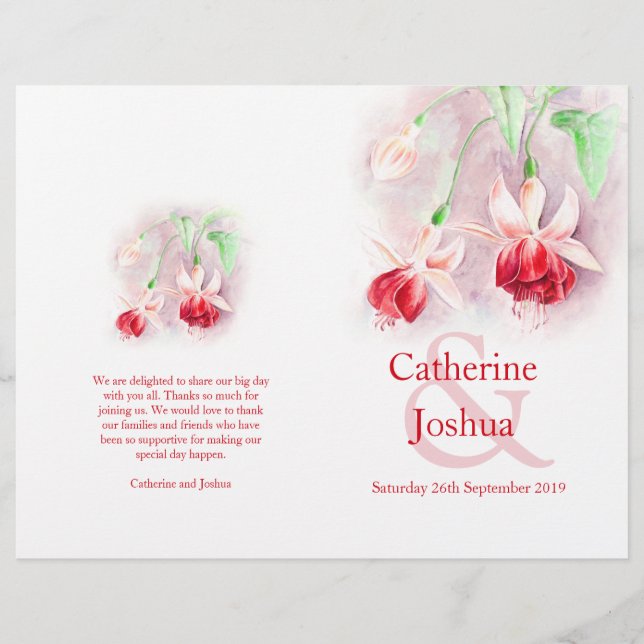 Fuchsia watercolor red pink Wedding Programme (Front)