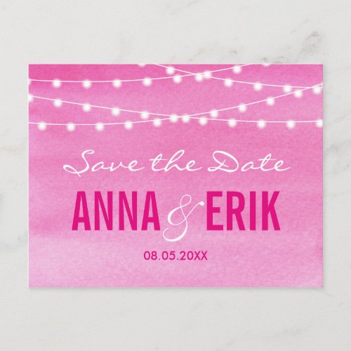 Fuchsia Watercolor String Lights Save The Date Announcement Postcard