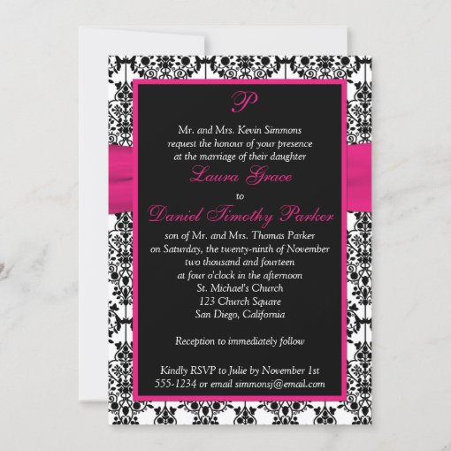 Fuchsia, White, Black Damask Wedding Invitation | Zazzle