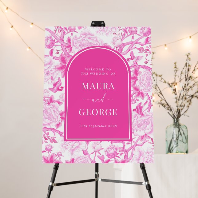 Fuchsia White Chinoiserie Peony Wedding Welcome Foam Board (In Situ (Stand))