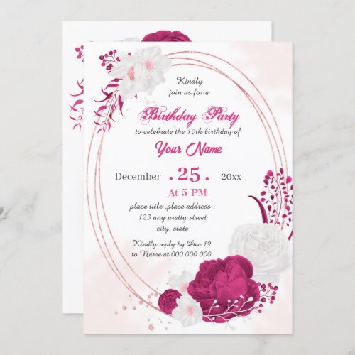 fuchsia  white floral geometric birthday party invitation