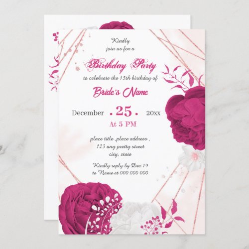 fuchsia  white floral geometric birthday party invitation