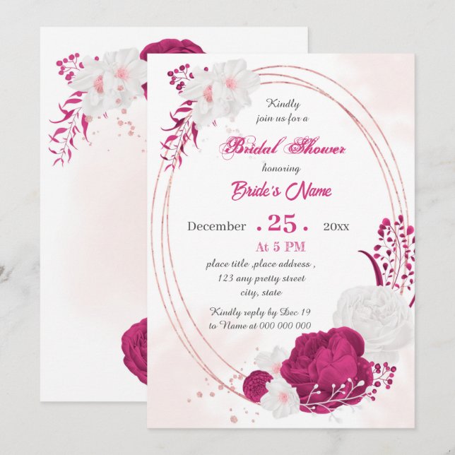 fuchsia & white floral geometric bridal shower invitation (Front/Back)