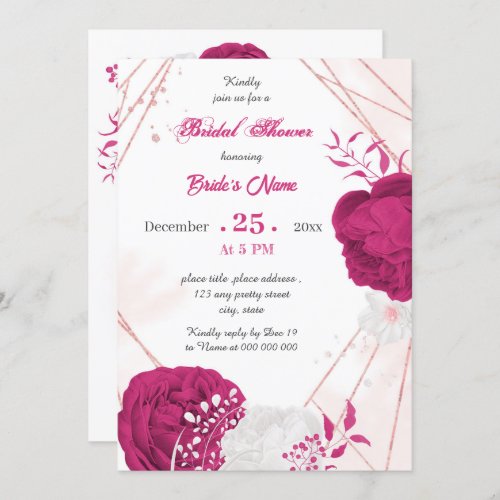 fuchsia  white floral geometric bridal shower invitation