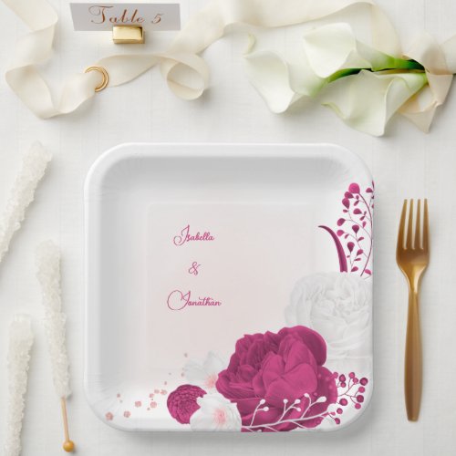 fuchsia  white floral wedding paper plates