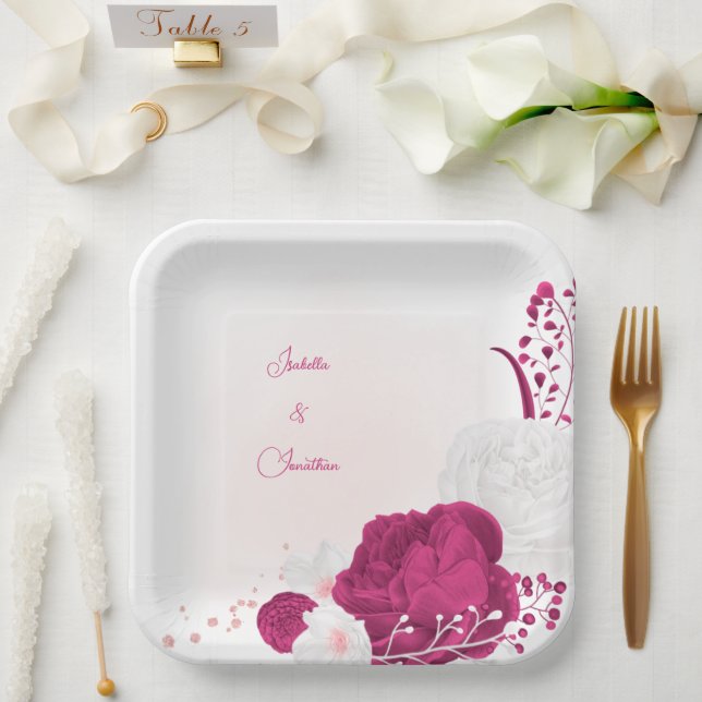fuchsia & white floral wedding paper plates (Wedding)