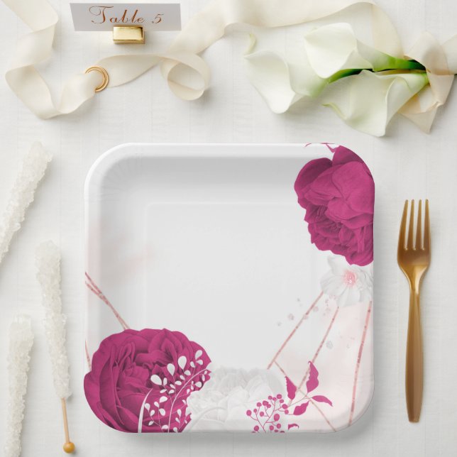 fuchsia & white floral wedding paper plates (Wedding)