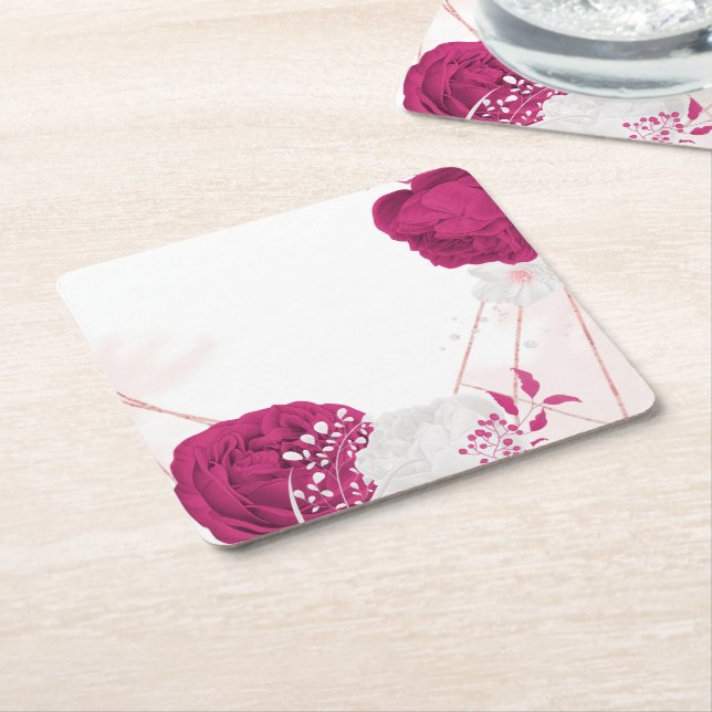 fuchsia & white floral wedding square paper coaster (Angled)