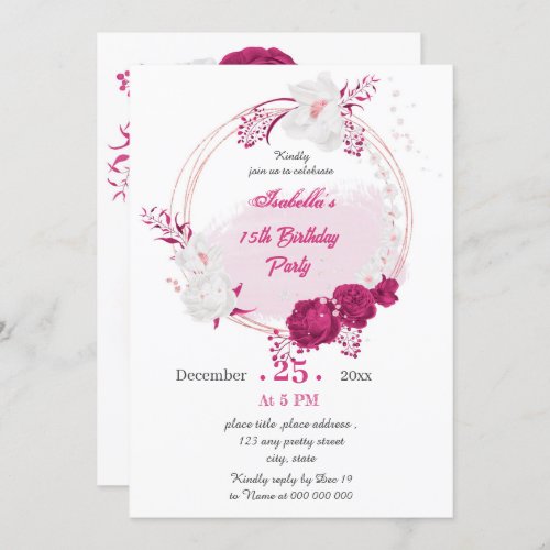 fuchsia  white floral wreath birthday party invitation