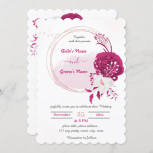 fuchsia & white floral wreath wedding invitation